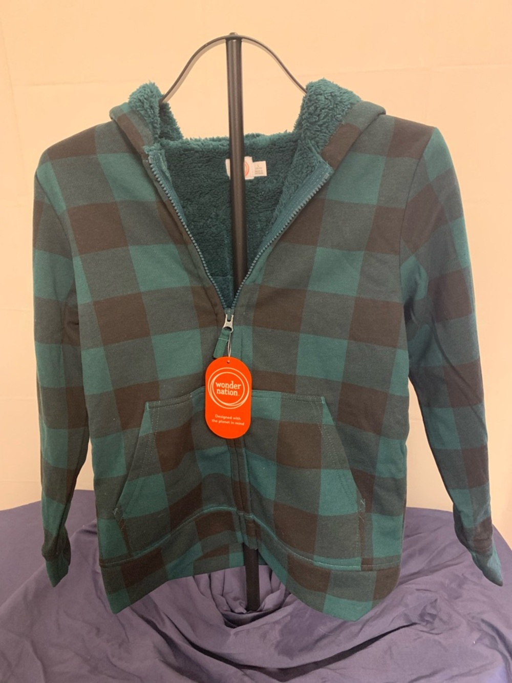 No Boundaries Teal and Black Buffalo Plaid Sherpa-Lined Hoodie